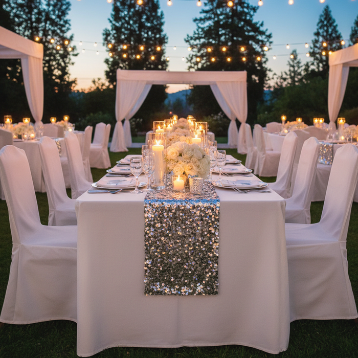 Silver Payette Sequin Table Runner – Shorter Table Outdoor Gala