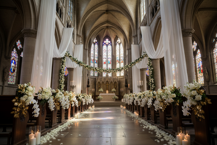 cathedral ceremony with 10 yards x 118" Flame Retardant (FR) Voile Sheer Fabric Roll/Bolt - Ivory