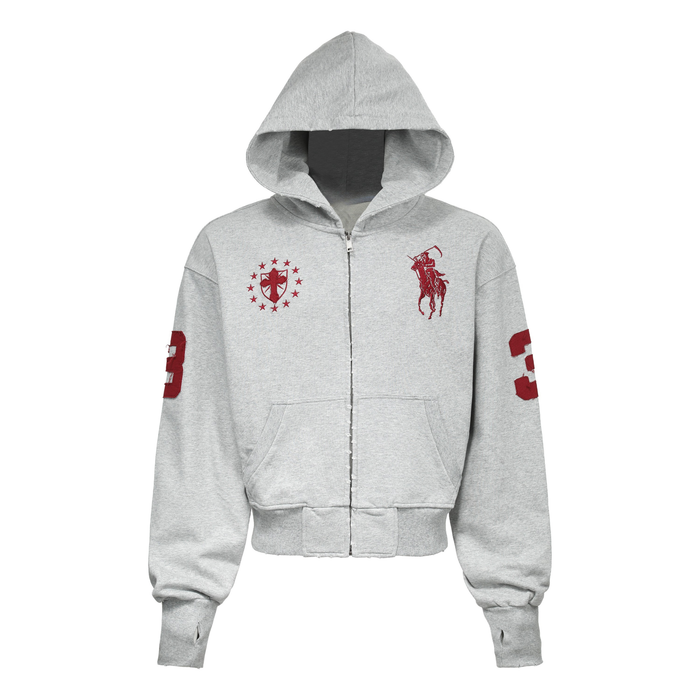 Light gray zip hoodie front view with red crest and rider chest graphics and front pockets