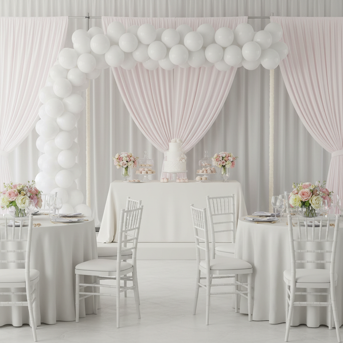 10ft Spandex Upright Pole Cover - White with white spandex drapes and balloons for bridal shower indoor reception