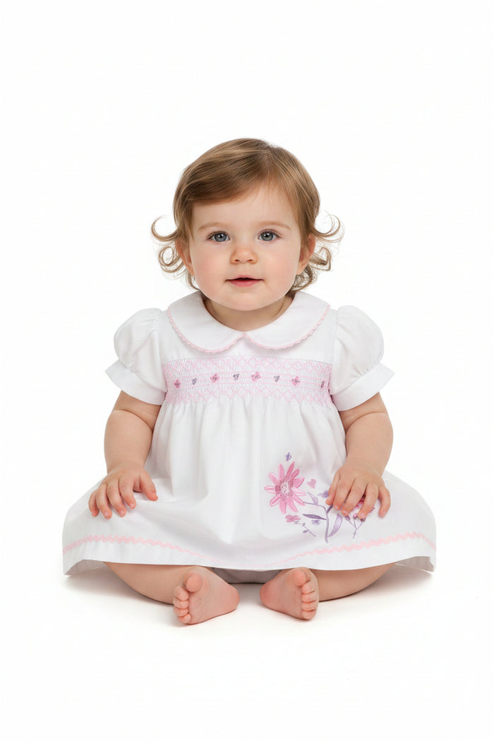 3pc Baby Girls Dress Set - White Smocked  (NB-6m) (PK6) - K14228