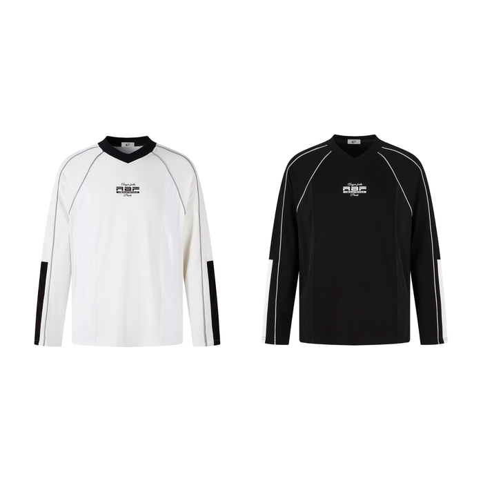 ABF contrast panel long-sleeve top in off-white and black with raglan sleeves and V-neckline, shown side by side