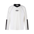 White long-sleeve raglan top with black V-neck collar, front view