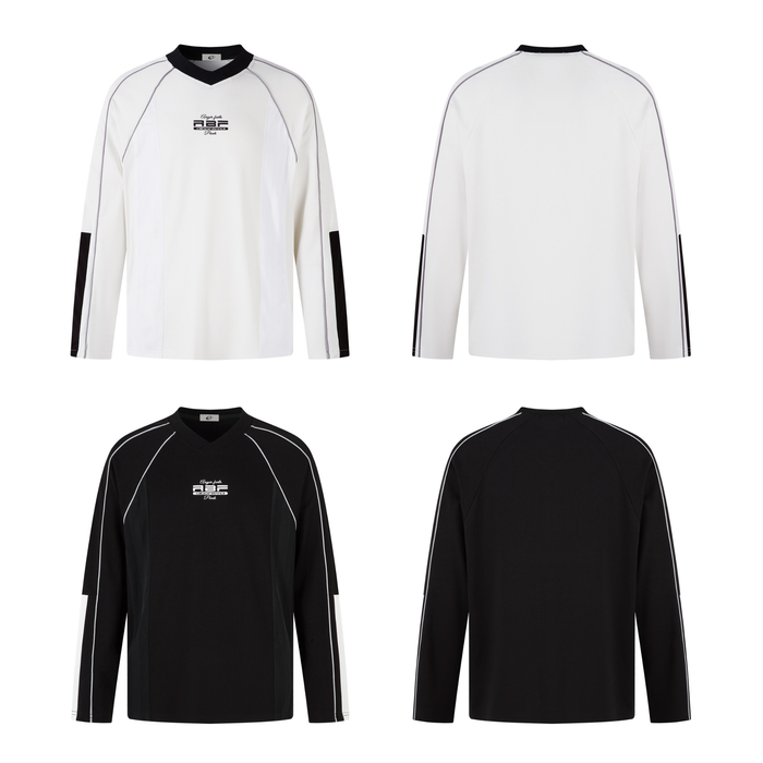 White and black long-sleeve raglan top set, front and back views