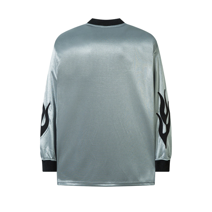Silver long sleeve jersey back view with black collar and black flame sleeve graphics