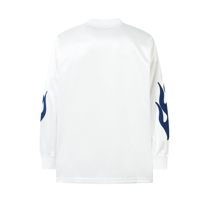 White long sleeve jersey back view with blue flame graphics on the sleeves