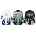 Three long sleeve jerseys shown front view in white, silver, and black colorways