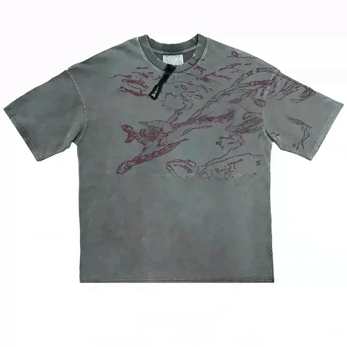 Acid Wash Grey Dark Figure Sketch Oversized Graphic T-Shirt