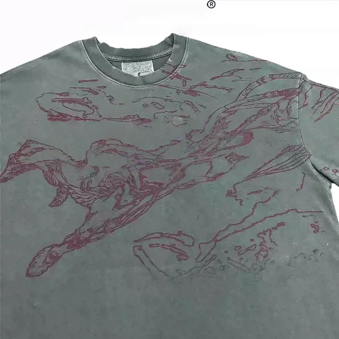 Acid Wash Grey Dark Figure Sketch Oversized Graphic T-Shirt