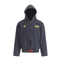 Dark washed zip hoodie front view with yellow crest graphics and kangaroo pocket