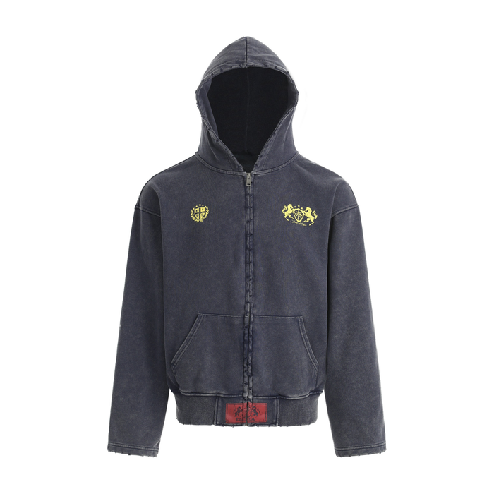 Dark washed zip hoodie front view with yellow crest graphics and kangaroo pocket
