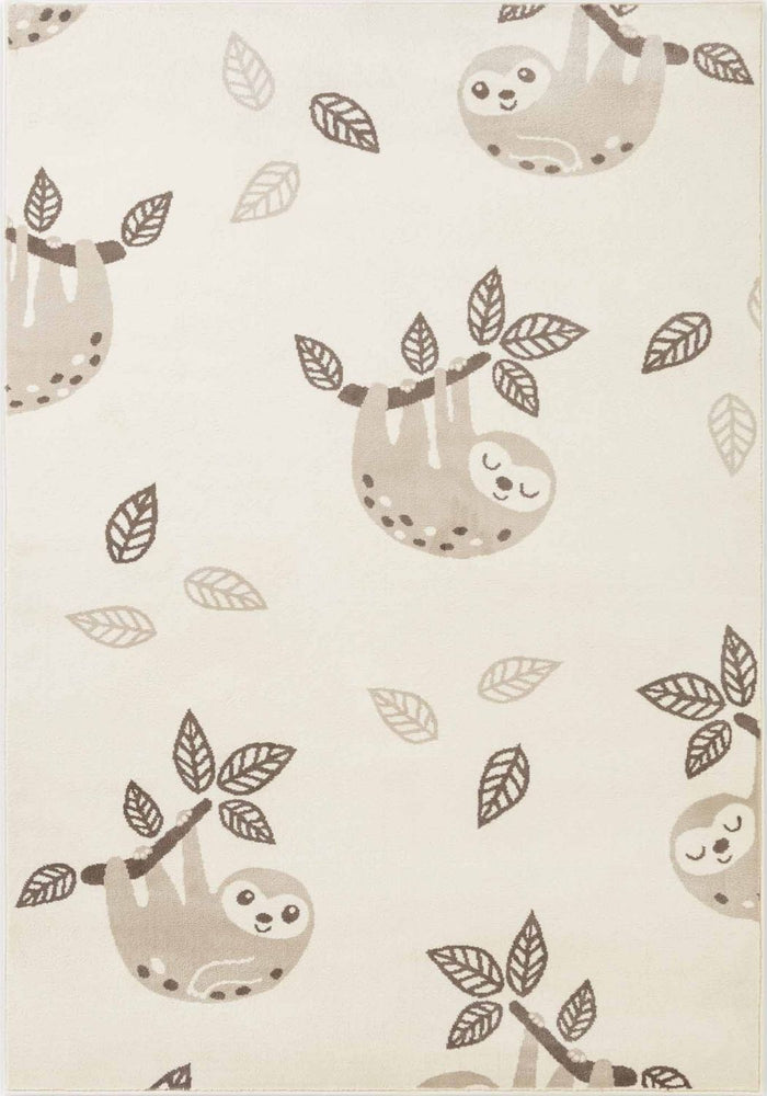 Patterned fabric with sloths and leaves on a white background