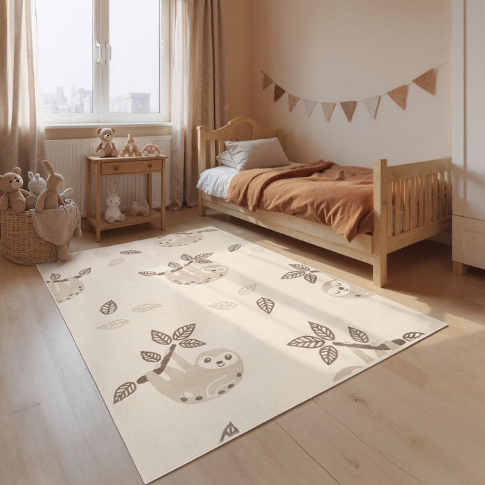 Children's room with a sloth-themed rug on the floor, wooden bed, and side table.