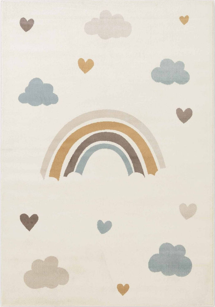 Children's rug with rainbow, clouds, and hearts on a light background