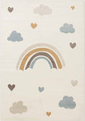 Children's rug with rainbow, clouds, and hearts on a light background