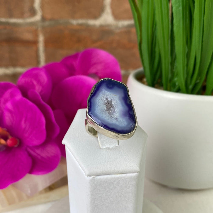 Agate Purple Ring with sterling silver Adjustable Band 1"