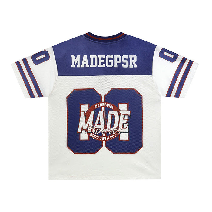 Retro varsity football jersey with blue and white panels, bold MADEGPSR lettering, and oversized 08 graphic on the back