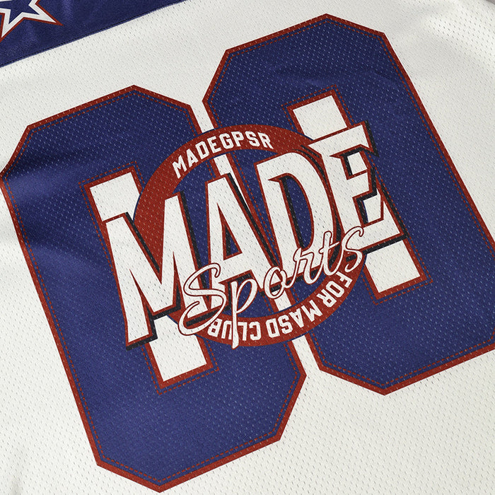 Retro varsity football jersey with bold blue number 01 and MADE Sports graphic on a white mesh top
