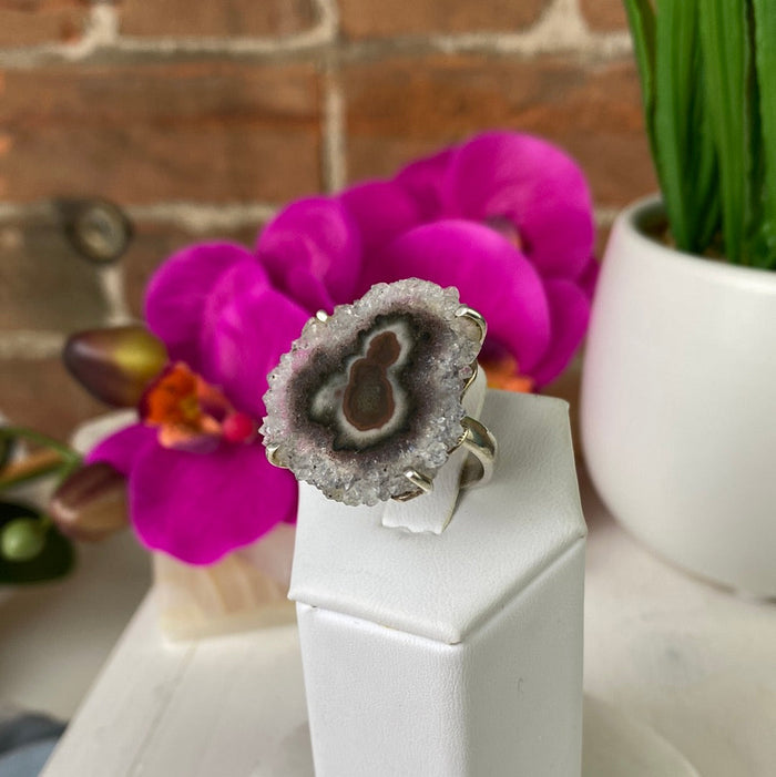 Amethyst Stalactite Flower Ring & Sterling Silver Prong Settings and Adjustable Band