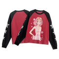 Red and black raglan long sleeve tee with pink-haired anime girl graphic print and star sleeve details