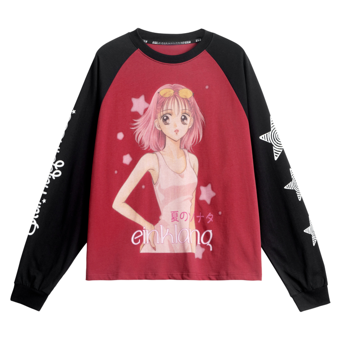 Black raglan long sleeve tee with pink anime girl graphic and red front panel