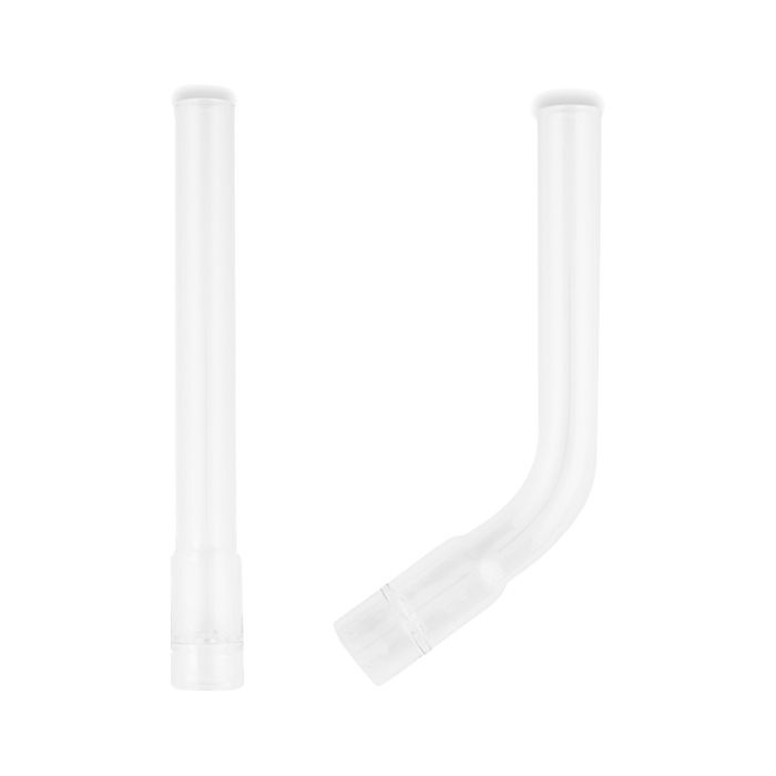 A front view of the Arizer Solo Bent Glass Mouthpiece, displaying its simple, curved design against a plain white background.