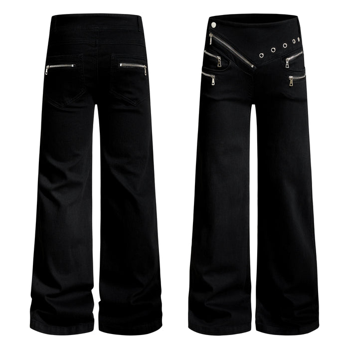 Black wide-leg flared pants with asymmetrical zipper waistband, metal eyelets, and multiple zip pockets, front and back view