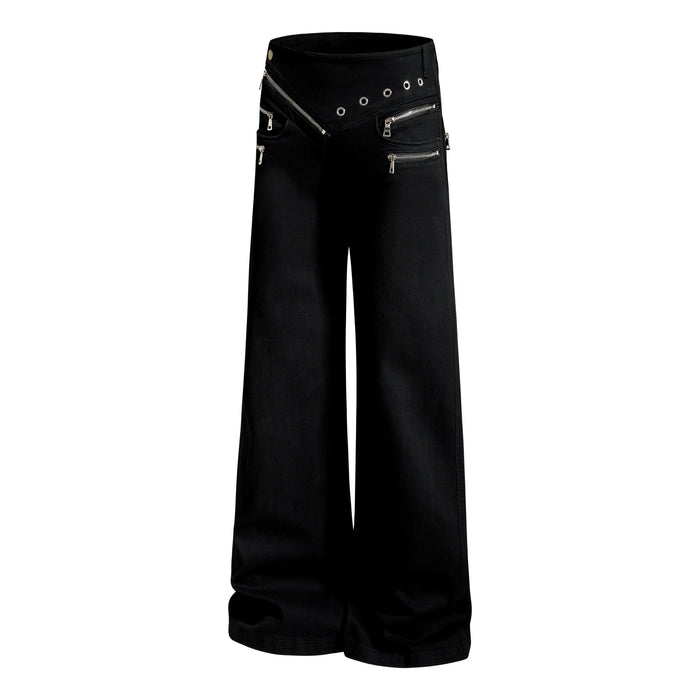 Black wide-leg pants with asymmetrical zipper pockets and grommets, angled front view