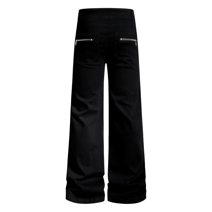 Back view of black wide-leg pants with two zippered back pockets