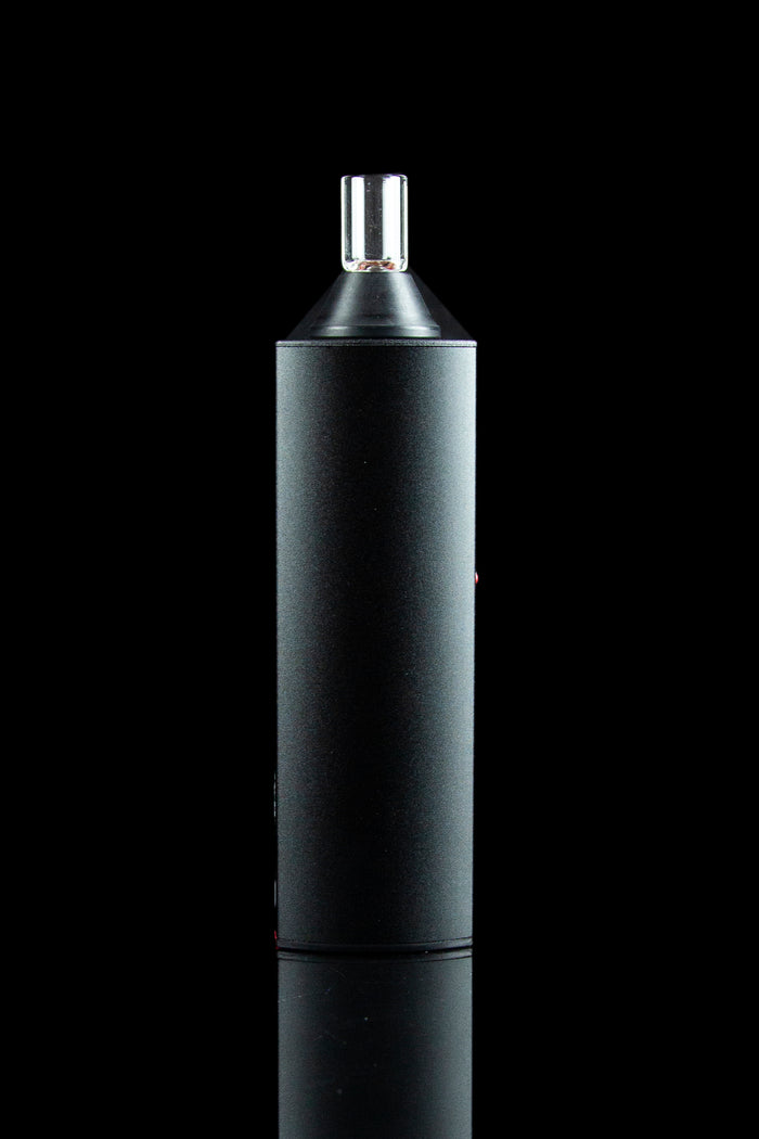 Sleek black cannabis vaporizer pen against a dark background.