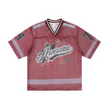 Red mesh jersey t-shirt with Awesome 74 script graphic, star logo, contrast stripe detailing and V-neckline