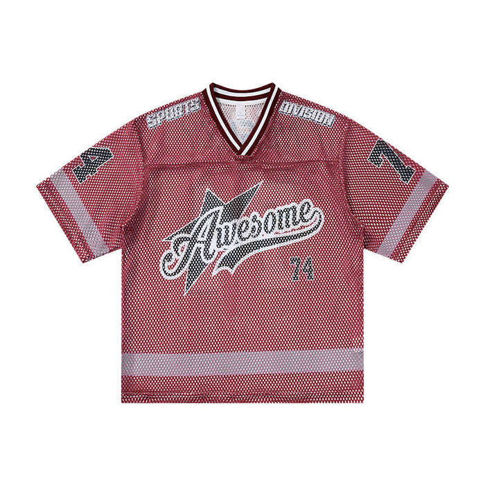 Red mesh jersey t-shirt with Awesome 74 script graphic, star logo, contrast stripe detailing and V-neckline