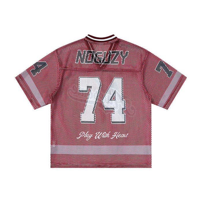 Maroon mesh jersey T-shirt with large 74, varsity lettering, and striped sleeves on a white background