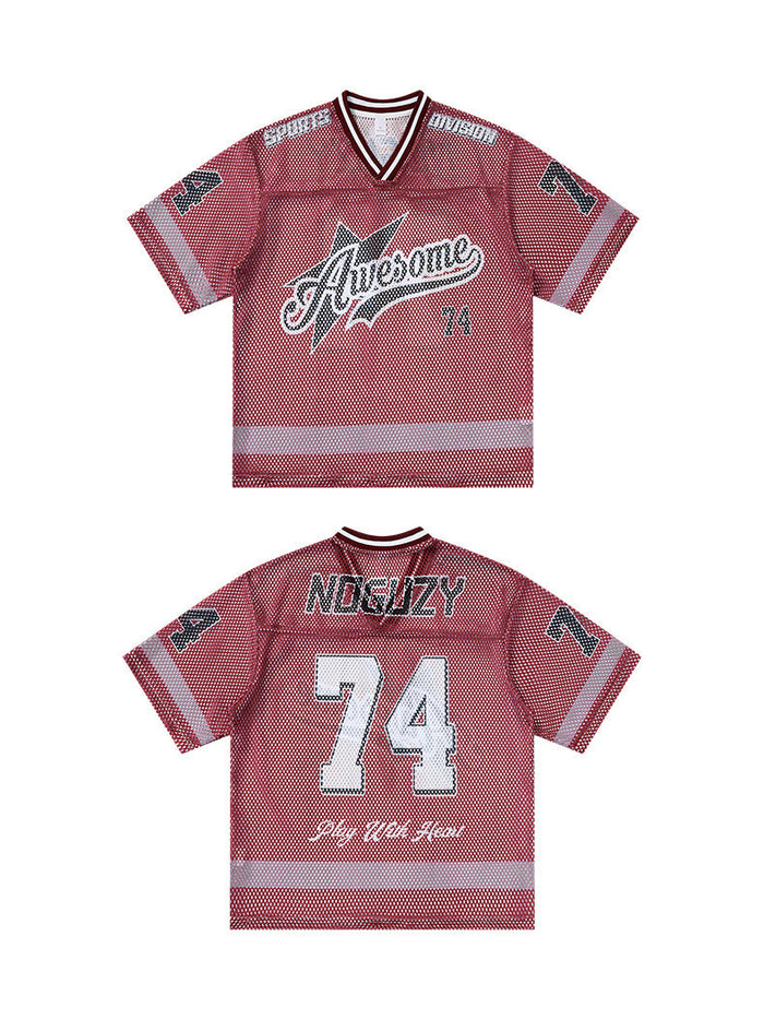 Red mesh varsity jersey T-shirt with 74 graphic, retro logo print, and white striped sleeves shown front and back