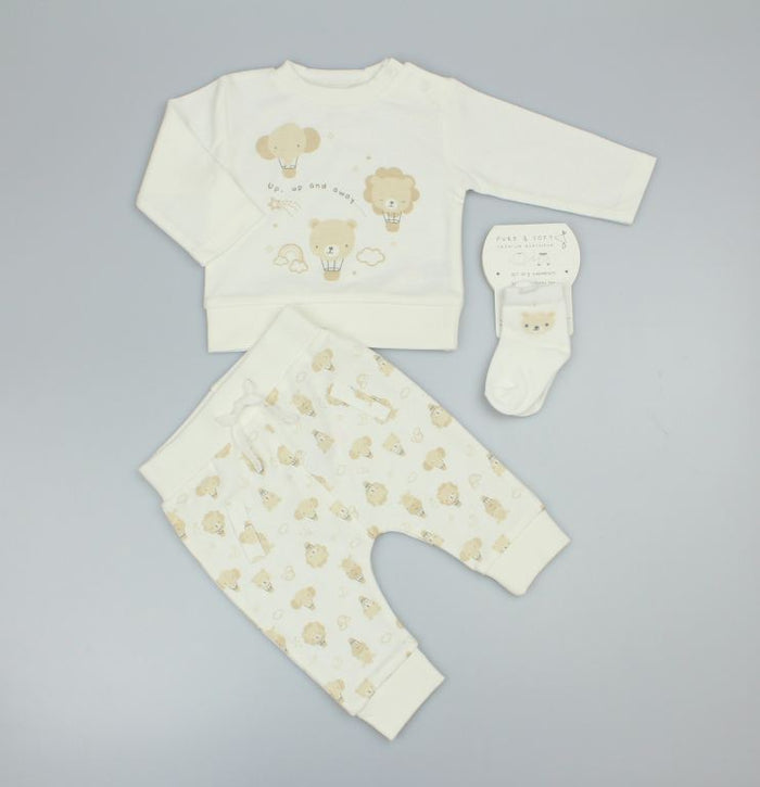 Baby  3pc Interlock Top, Trouser and Socks Set - White Hot Air Balloon (PK6) (0-9m) N14618