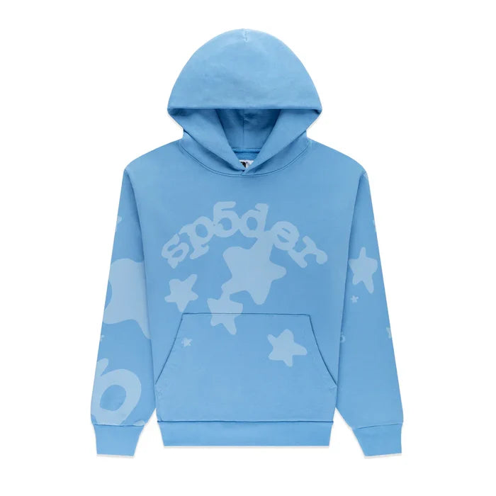 The Sp5der Star Hoodie – Baby Blue 440GSM is an oversized streetwear pullover in heavyweight cotton fleece, featuring playful star designs, a front pocket, and “sp5der” branding on the chest and sleeves—an iconic Y2K-inspired look.
