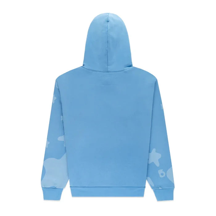 The Sp5der Star Hoodie – Baby Blue 440GSM is a heavyweight, oversized streetwear pullover with light blue star and cloud sleeve patterns, plain back, and hood up—ideal for Y2K-inspired looks.