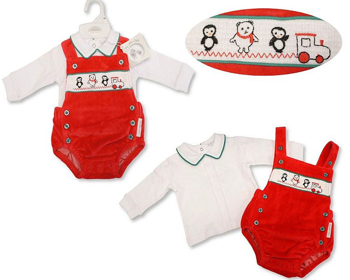 Baby Christmas Velour 2 pcs Romper Set with Smocking - Polar Bear and Penguin (NB-6m) (PK6) BW-13-422