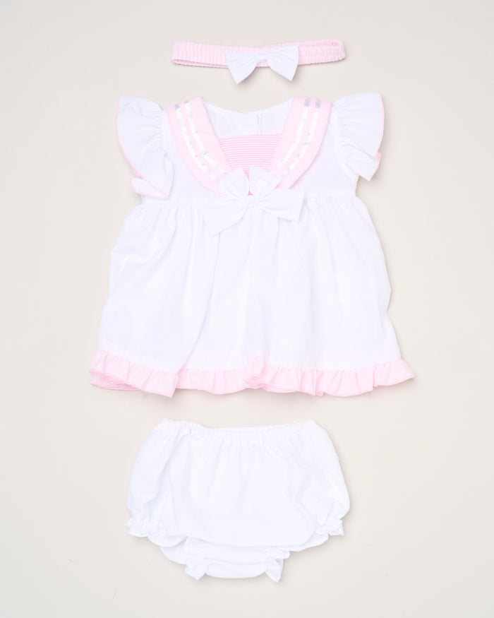 Baby Girls Dress, Pant & Headband Set - White/Navy/Pink (0-9m) (PK6) H12816NB