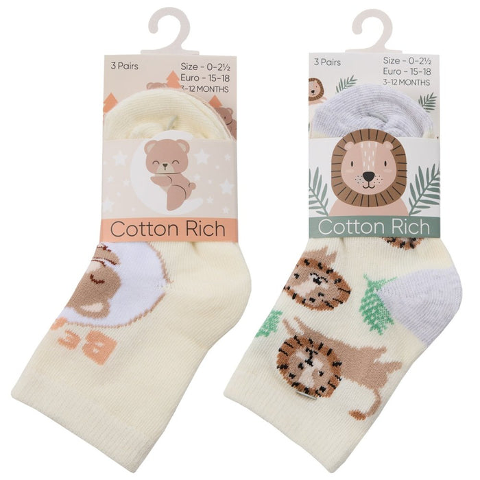 Baby Unisex 3 Pack Cotton Rich Ankle Socks - Lion  (0-5.5) (PK12) 44B1010