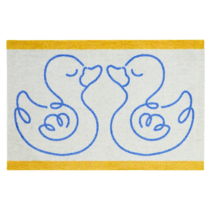 Doormat with blue duck illustrations on a white background with yellow borders