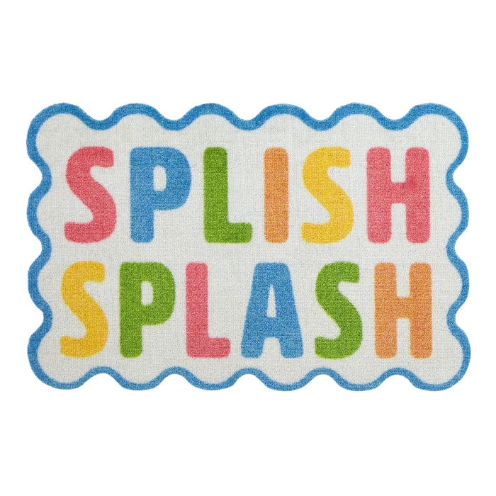 Colorful 'Splish Splash' rug with scalloped edge on a white background