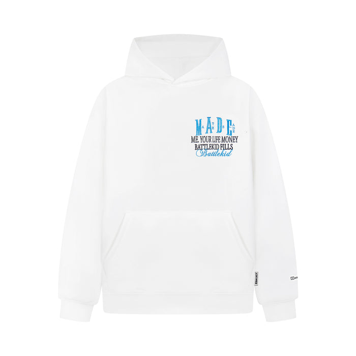 White hoodie front view with small blue embroidered MADE badge logo on chest