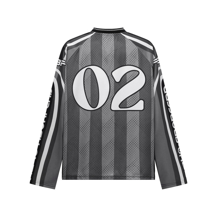 Gray striped jersey top back view with large 02 print