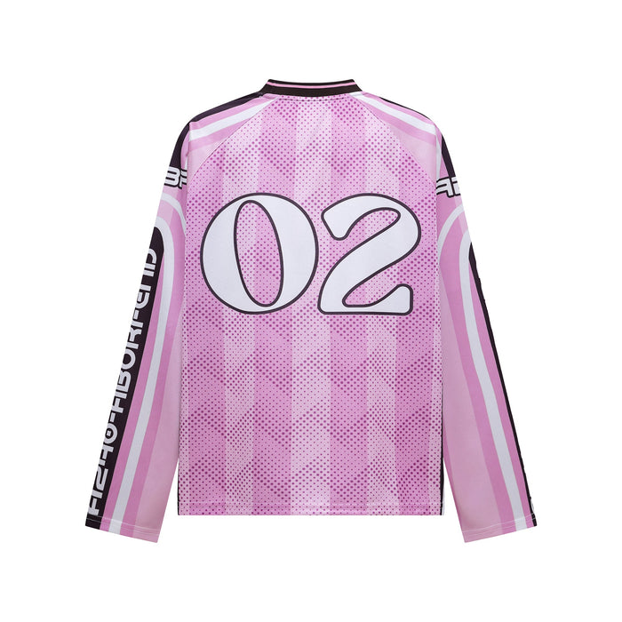 Pink striped jersey top back view with large 02 print