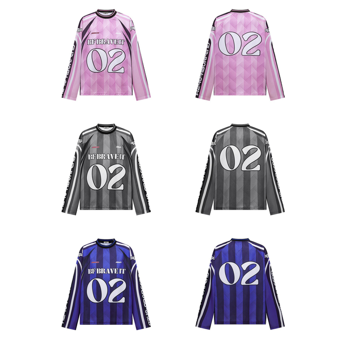 Set of front and back views of pink, gray, and blue striped long sleeve jersey tops