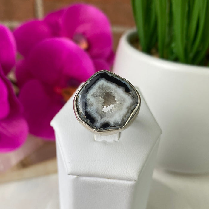Black Agate Slice Ring with sterling silver Adjustable Band 1"