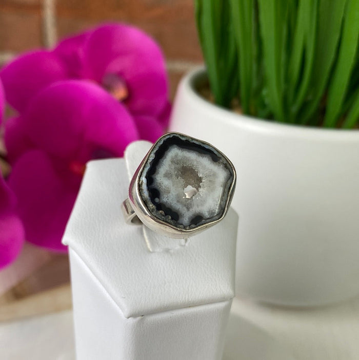 Black Agate Slice Ring with sterling silver Adjustable Band 1"