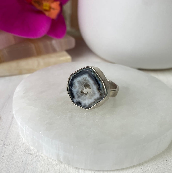 Black Agate Slice Ring with sterling silver Adjustable Band 1"