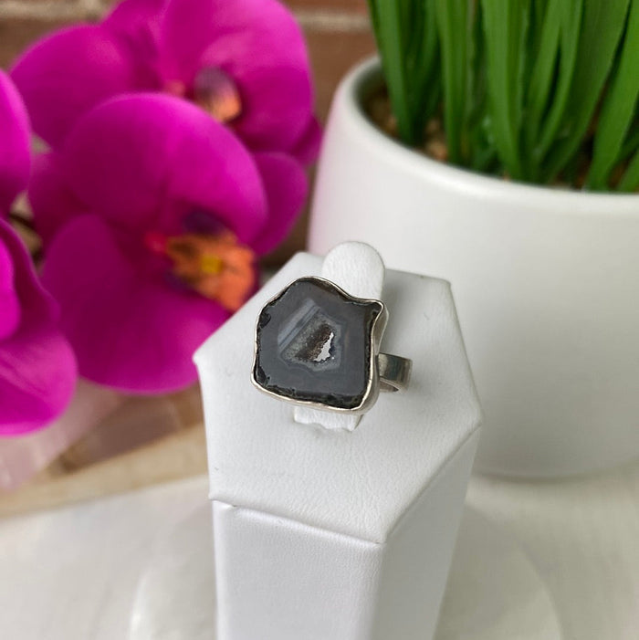 Black Agate Slice Ring with sterling silver Adjustable Band 1"